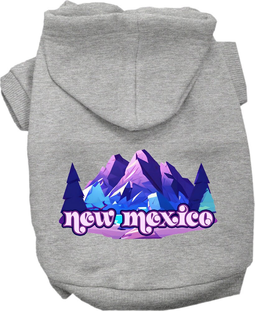 A cozy screen printed hoodie for small to medium pets featuring a New Mexico Alpine Pawscape design, perfect for chilly weather.