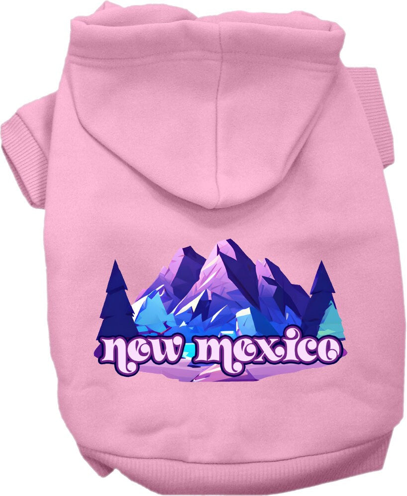 A cozy screen printed hoodie for small to medium pets featuring a New Mexico Alpine Pawscape design, perfect for chilly weather.