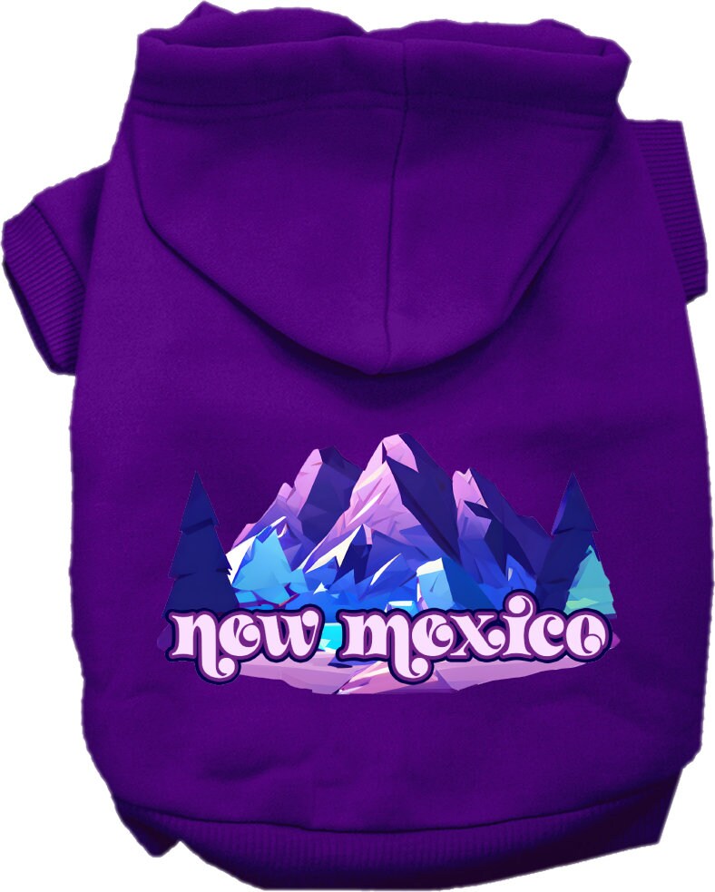 A cozy screen printed hoodie for small to medium pets featuring a New Mexico Alpine Pawscape design, perfect for chilly weather.