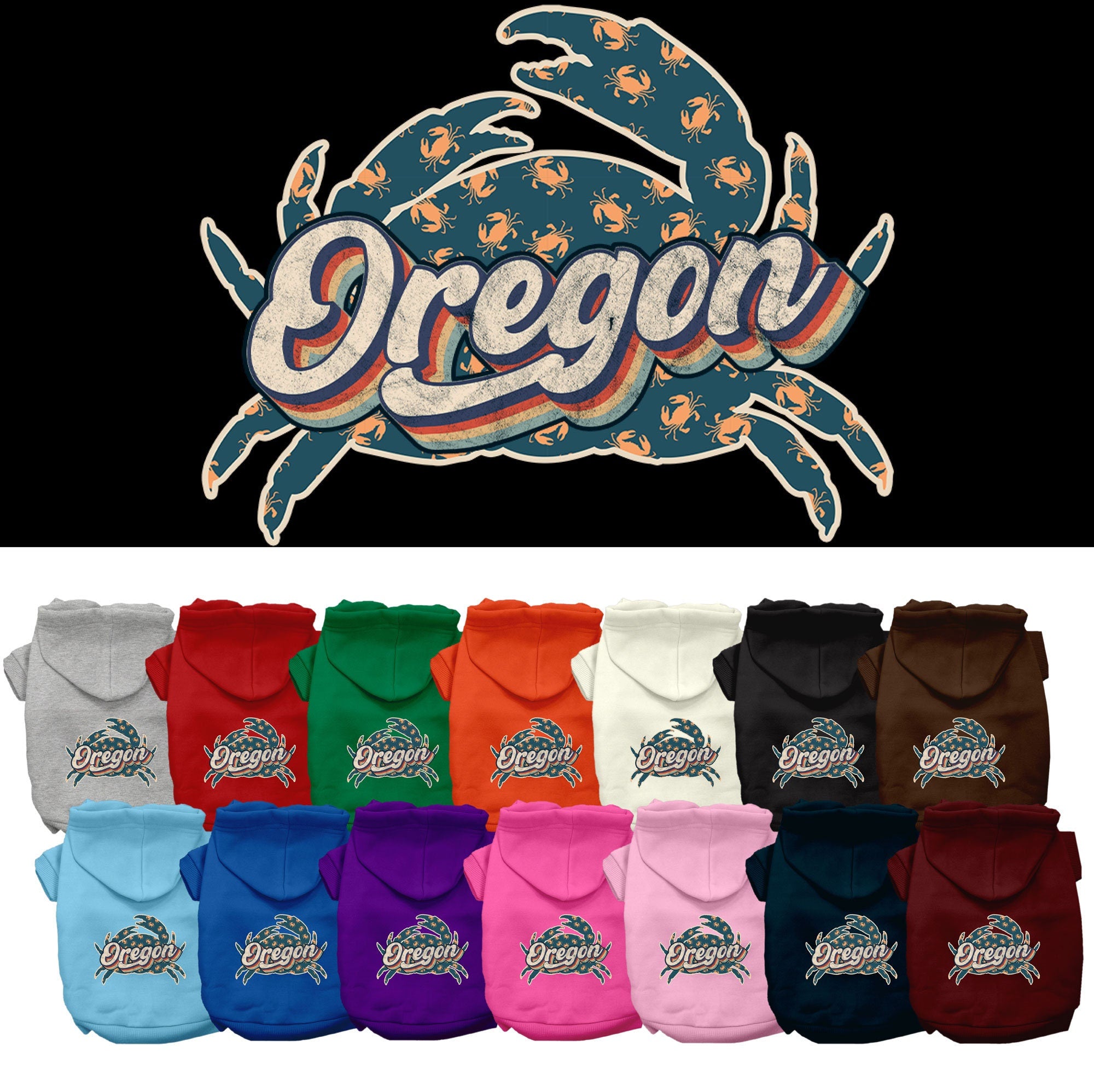A small to medium pet wearing a cozy Oregon Retro Crabs screen printed hoodie, showcasing its vibrant design and comfortable fit.