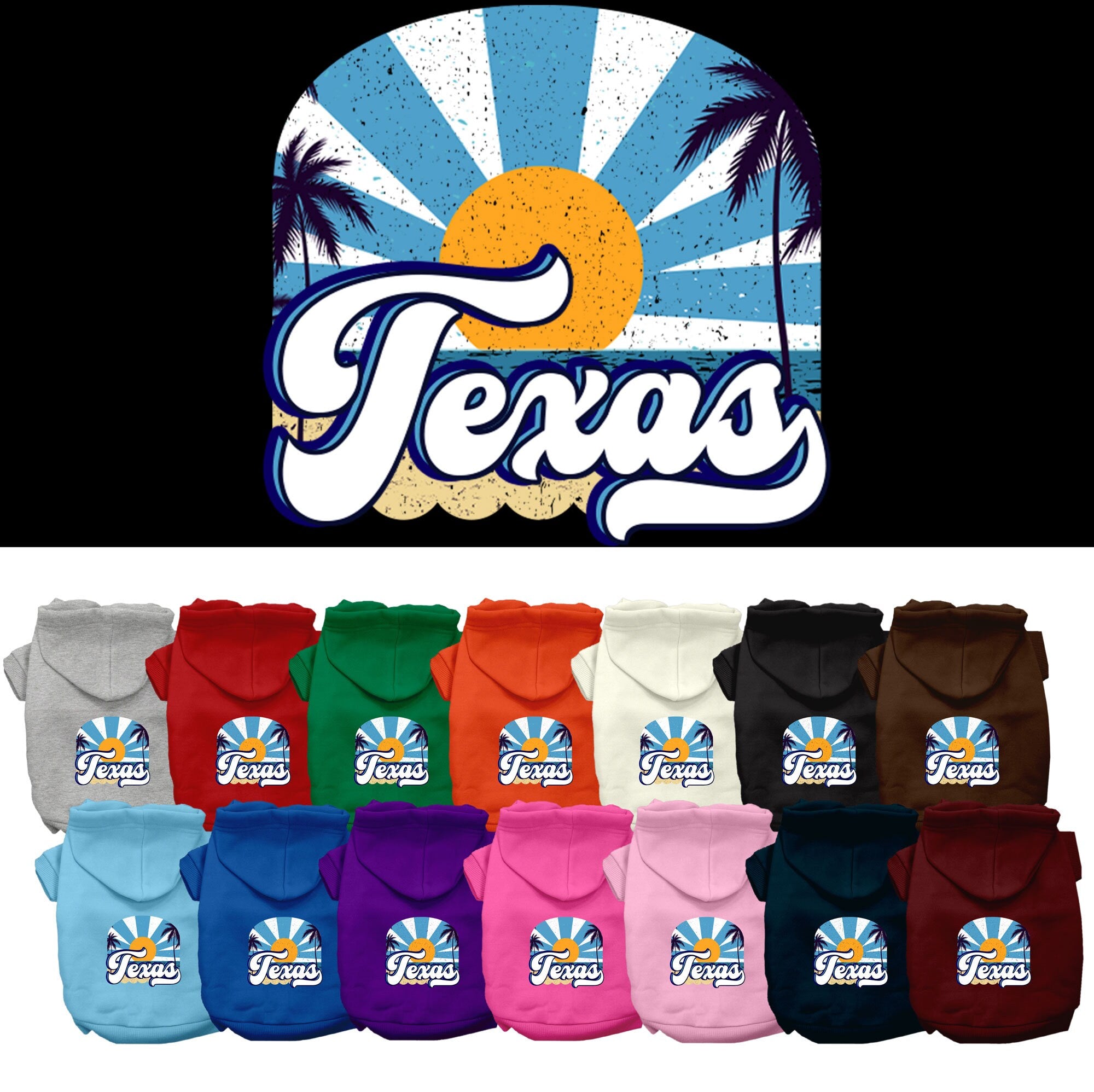 A cozy screen printed hoodie for small to medium pets, featuring a Texas Coast design, showcasing its soft fabric and convenient leash access hole.