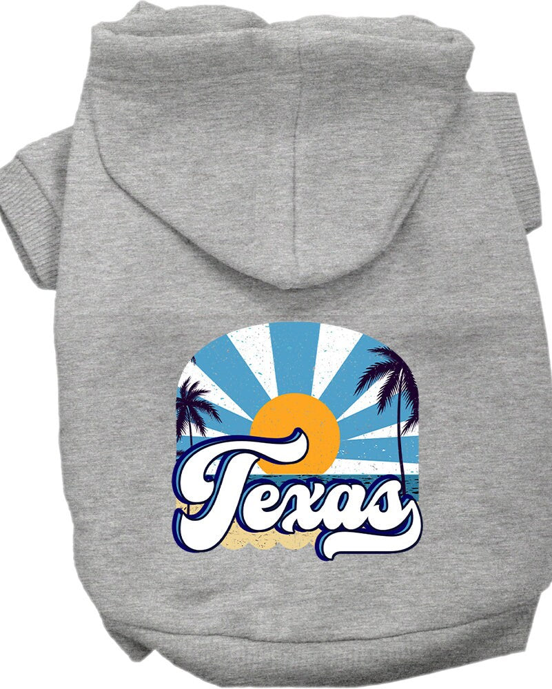 A cozy screen printed hoodie for small to medium pets, featuring a Texas Coast design, showcasing its soft fabric and convenient leash access hole.