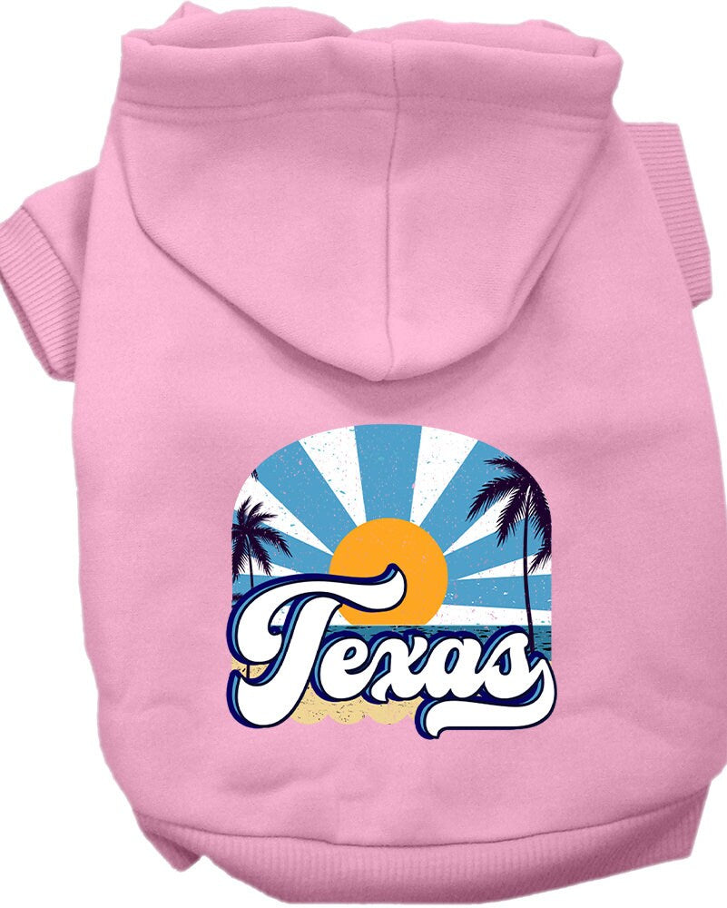 A cozy screen printed hoodie for small to medium pets, featuring a Texas Coast design, showcasing its soft fabric and convenient leash access hole.