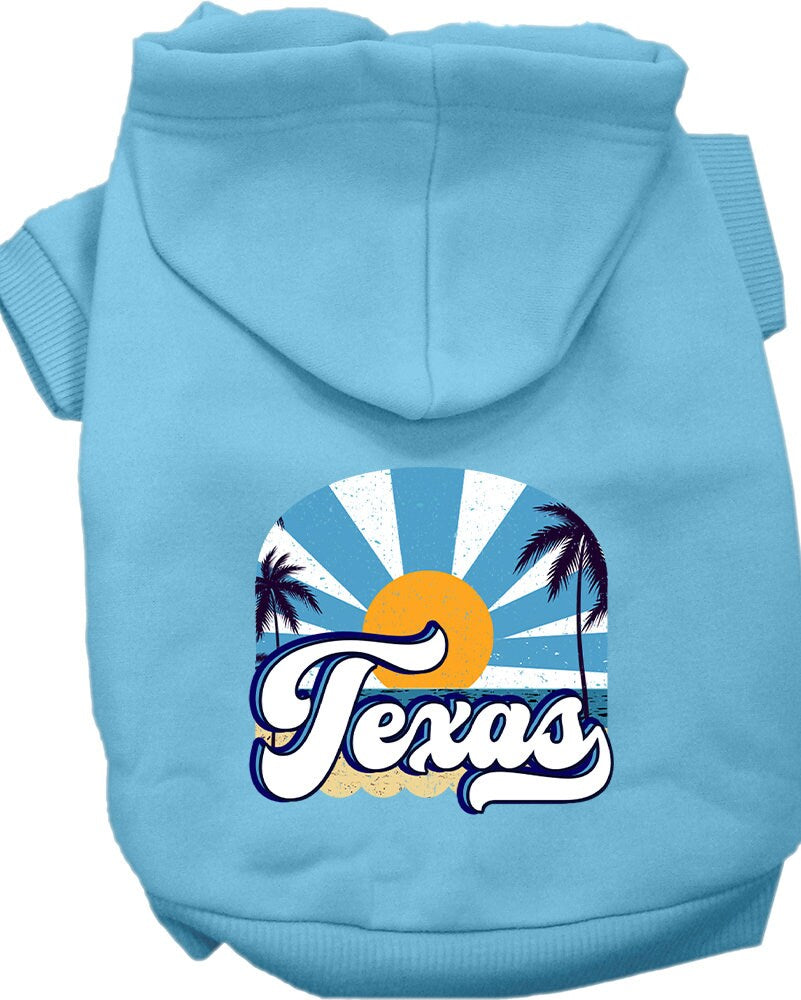 A cozy screen printed hoodie for small to medium pets, featuring a Texas Coast design, showcasing its soft fabric and convenient leash access hole.