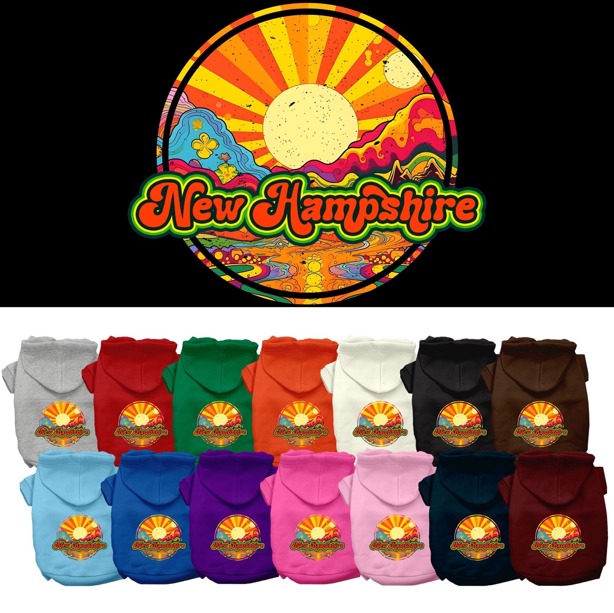 A cozy screen printed hoodie for small to medium pets, featuring a New Hampshire Mellow Mountain design, perfect for dogs and cats.