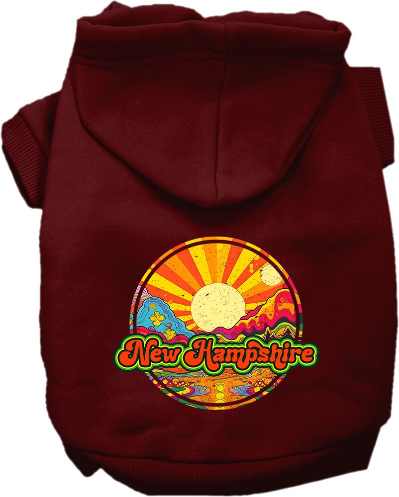 A cozy screen printed hoodie for small to medium pets, featuring a New Hampshire Mellow Mountain design, perfect for dogs and cats.