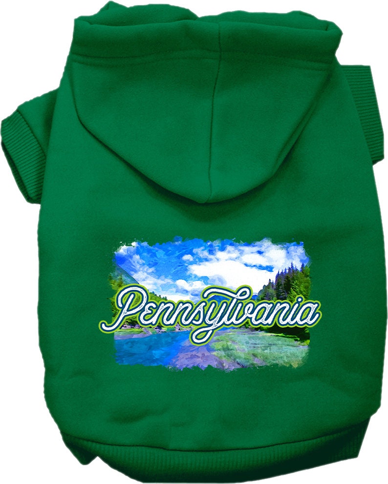 A small to medium pet wearing a stylish screen printed hoodie with a Pennsylvania Summer design, showcasing its soft fabric and convenient leash access.