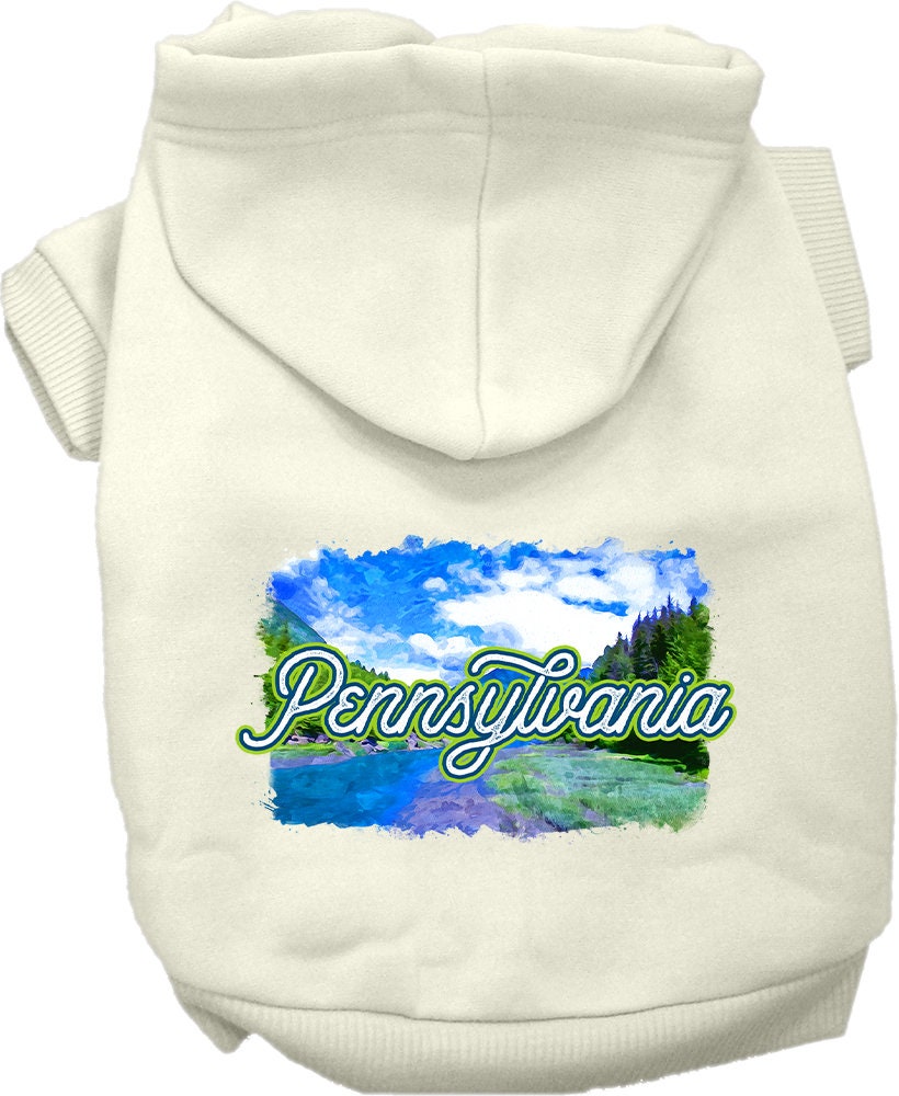 A small to medium pet wearing a stylish screen printed hoodie with a Pennsylvania Summer design, showcasing its soft fabric and convenient leash access.