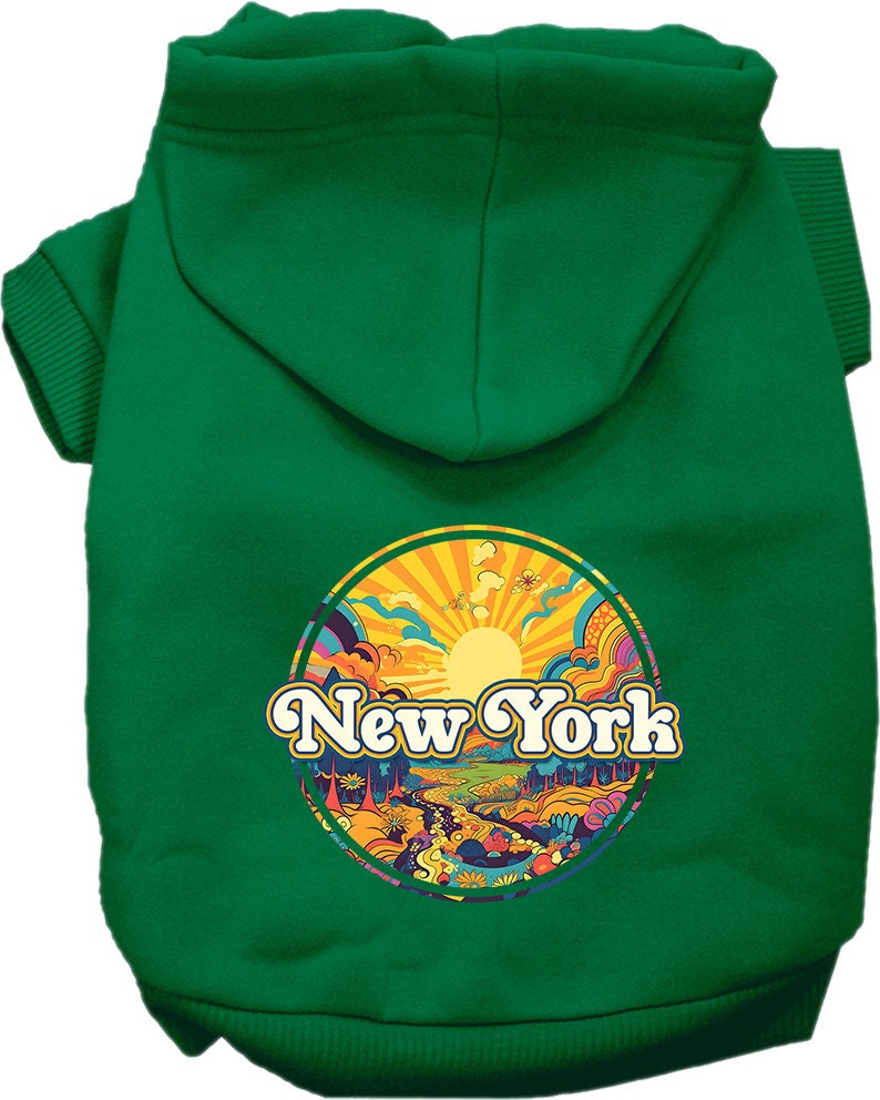 A small to medium pet wearing a stylish New York Trippy Peaks hoodie, showcasing vibrant colors and a cozy fit.