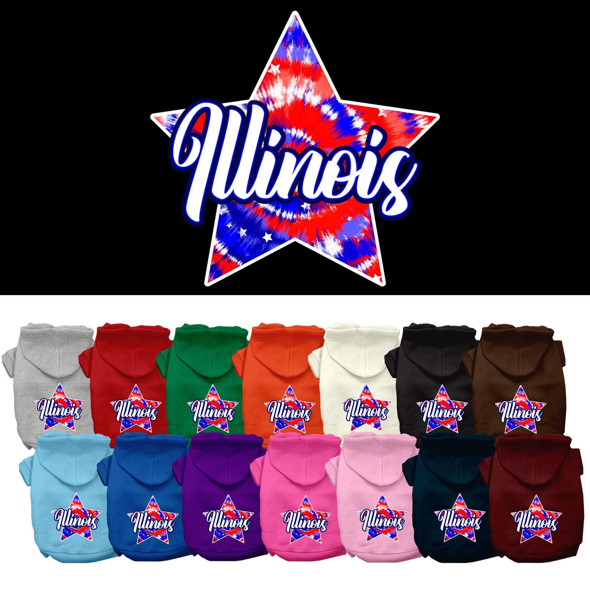 A small to medium pet wearing a colorful Illinois Patriotic Tie Dye hoodie, showcasing its soft fabric and convenient leash access hole.