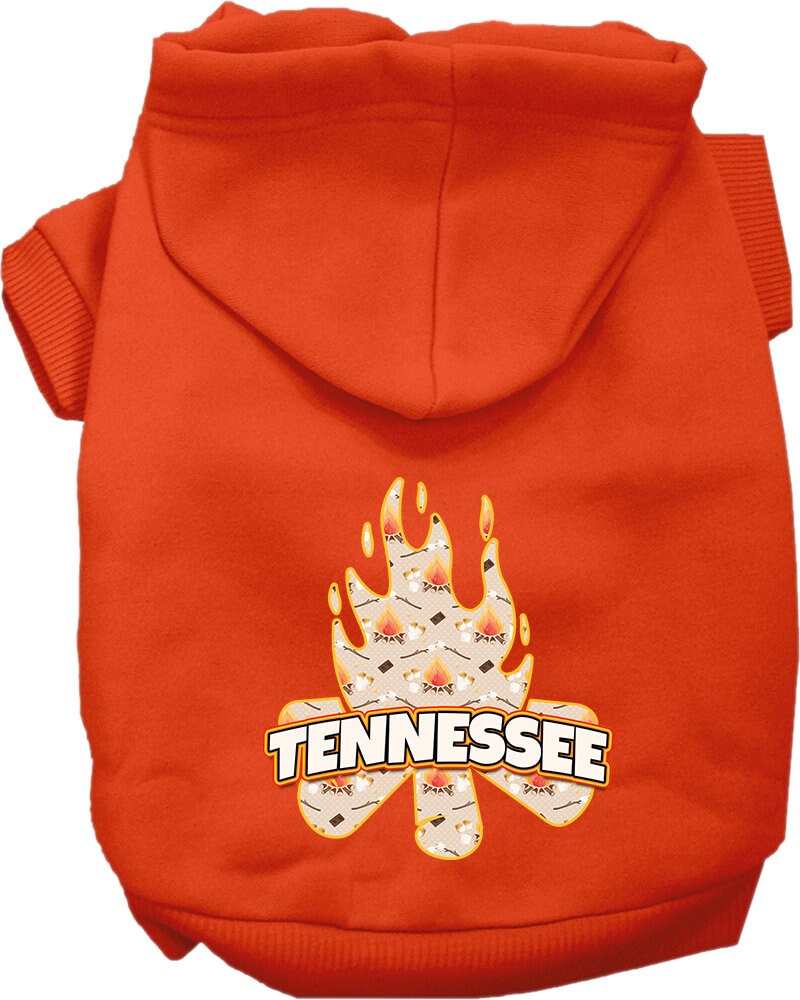 A cozy screen printed hoodie for small to medium pets, featuring a 'Tennessee Around The Campfire' design, perfect for chilly weather.