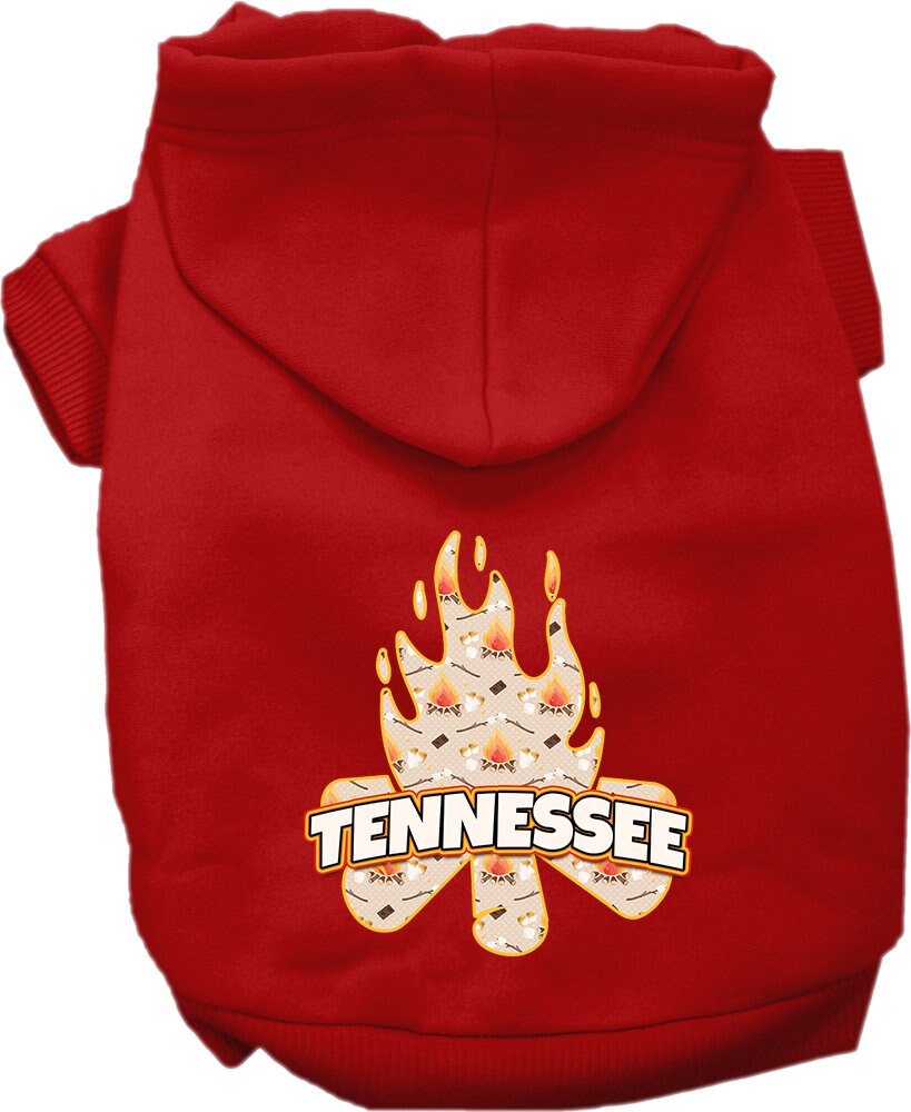 A cozy screen printed hoodie for small to medium pets, featuring a 'Tennessee Around The Campfire' design, perfect for chilly weather.