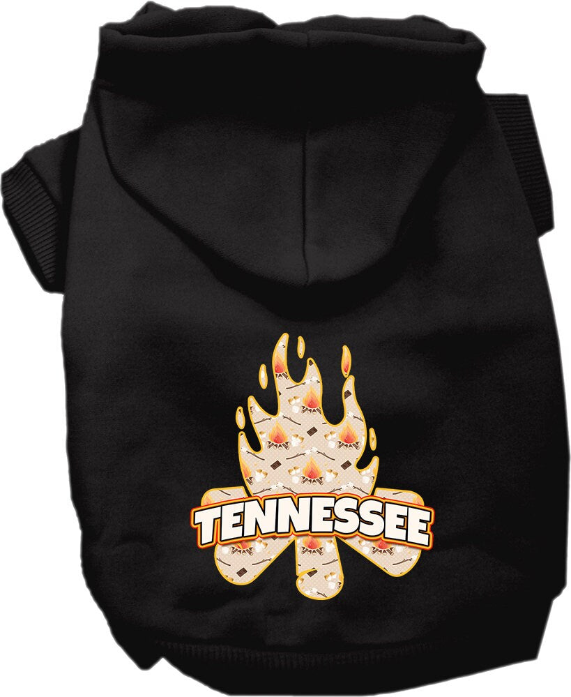 A cozy screen printed hoodie for small to medium pets, featuring a 'Tennessee Around The Campfire' design, perfect for chilly weather.