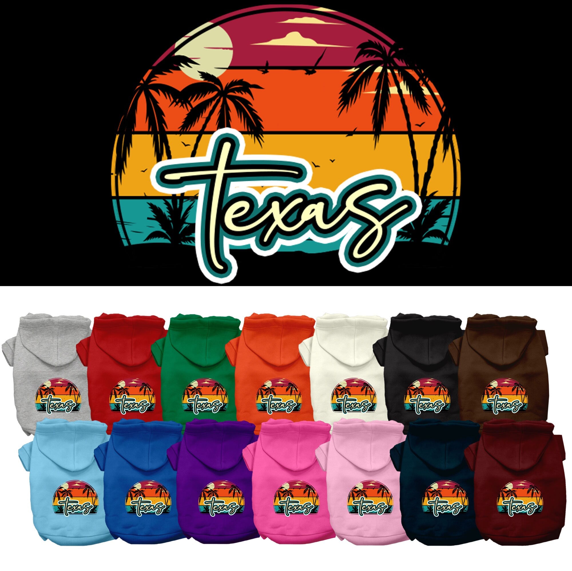 A small to medium pet wearing a stylish Texas Retro Beach Sunset hoodie, showcasing vibrant colors and a cozy fit.
