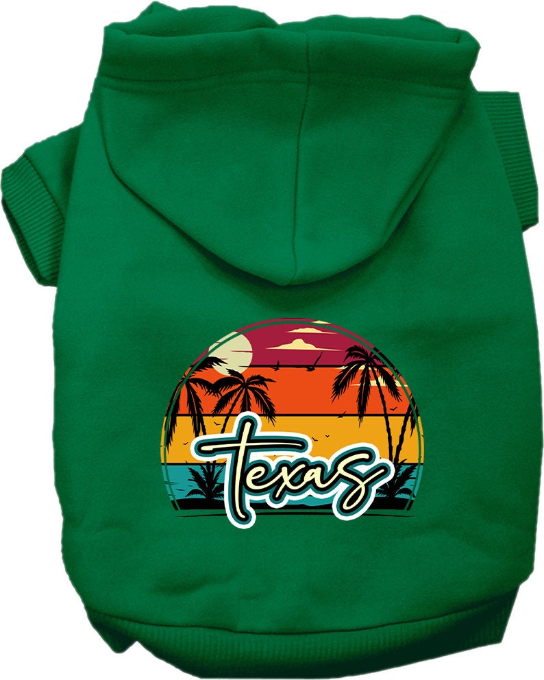 A small to medium pet wearing a stylish Texas Retro Beach Sunset hoodie, showcasing vibrant colors and a cozy fit.
