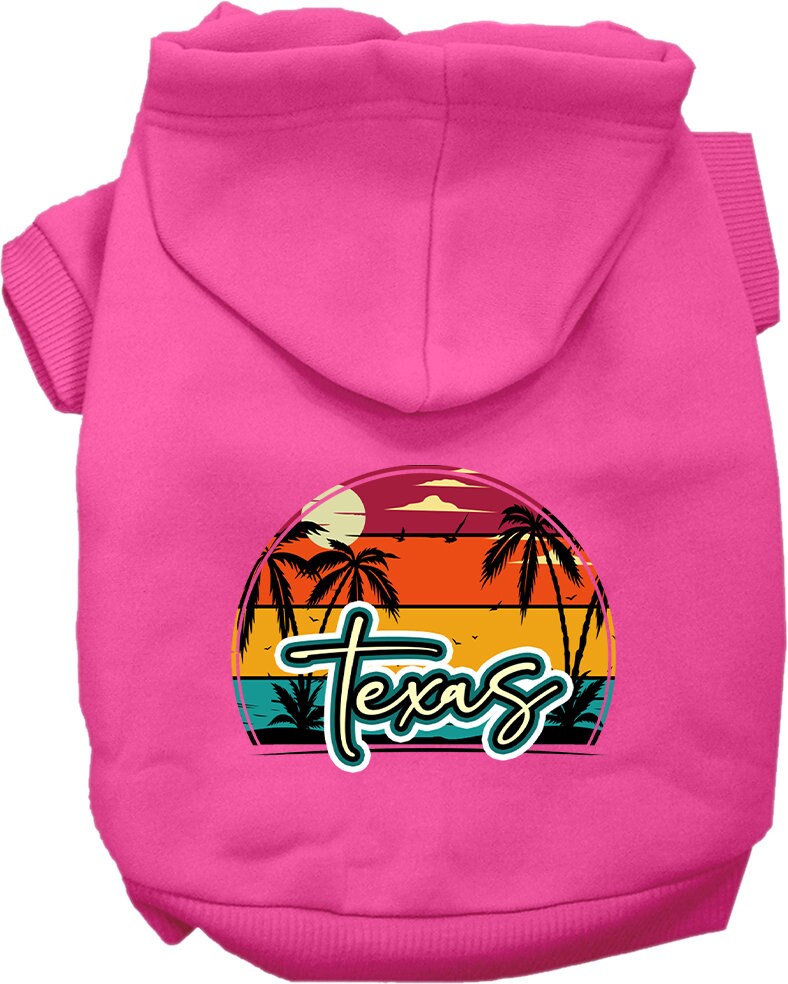 A small to medium pet wearing a stylish Texas Retro Beach Sunset hoodie, showcasing vibrant colors and a cozy fit.
