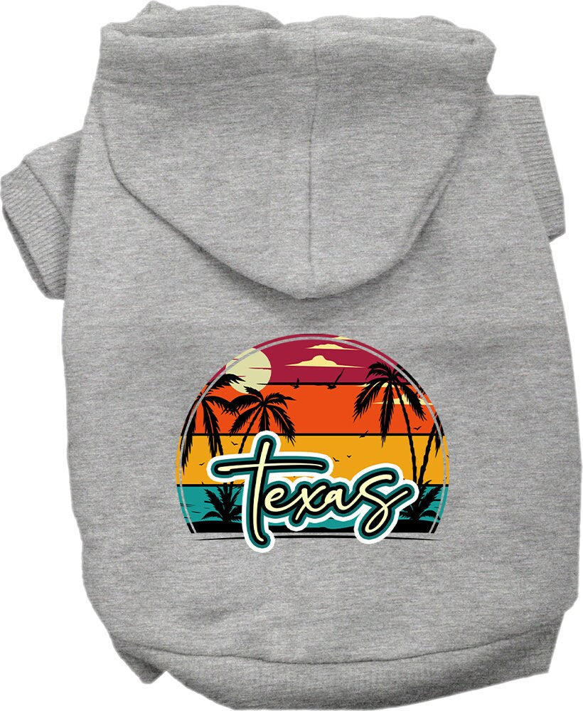 A small to medium pet wearing a stylish Texas Retro Beach Sunset hoodie, showcasing vibrant colors and a cozy fit.