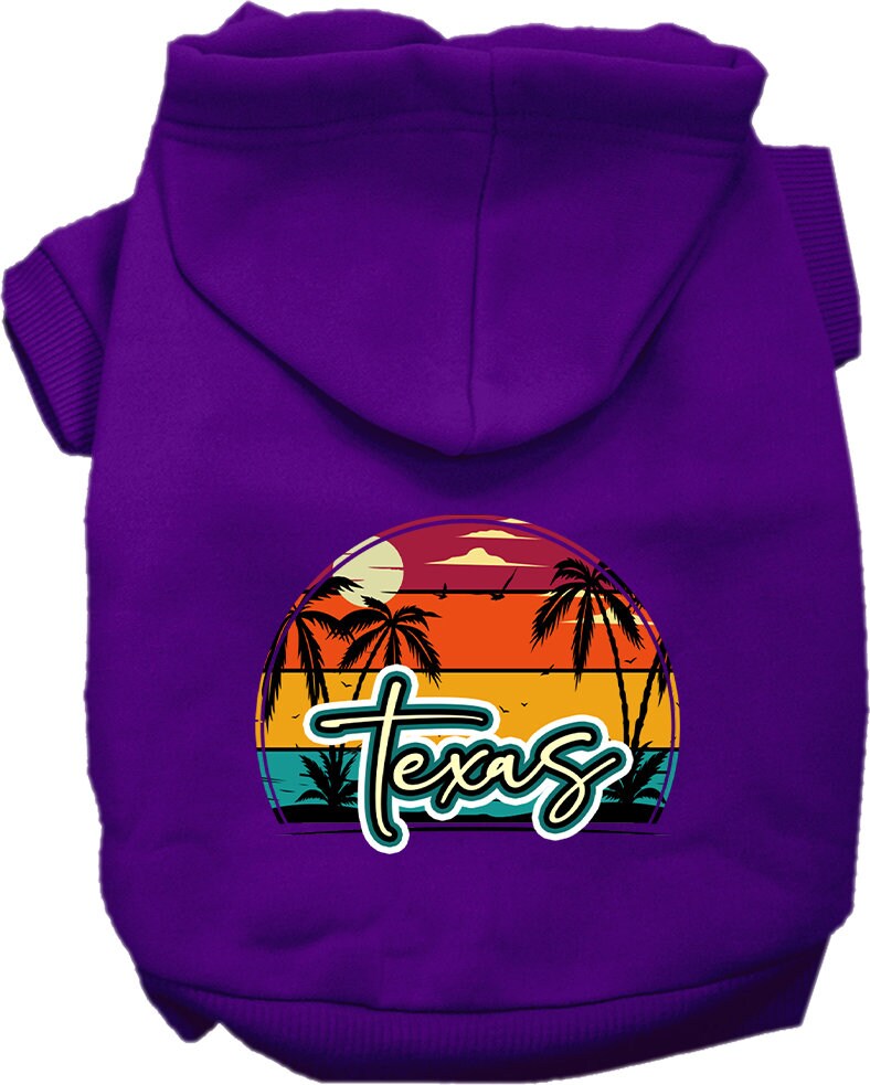 A small to medium pet wearing a stylish Texas Retro Beach Sunset hoodie, showcasing vibrant colors and a cozy fit.