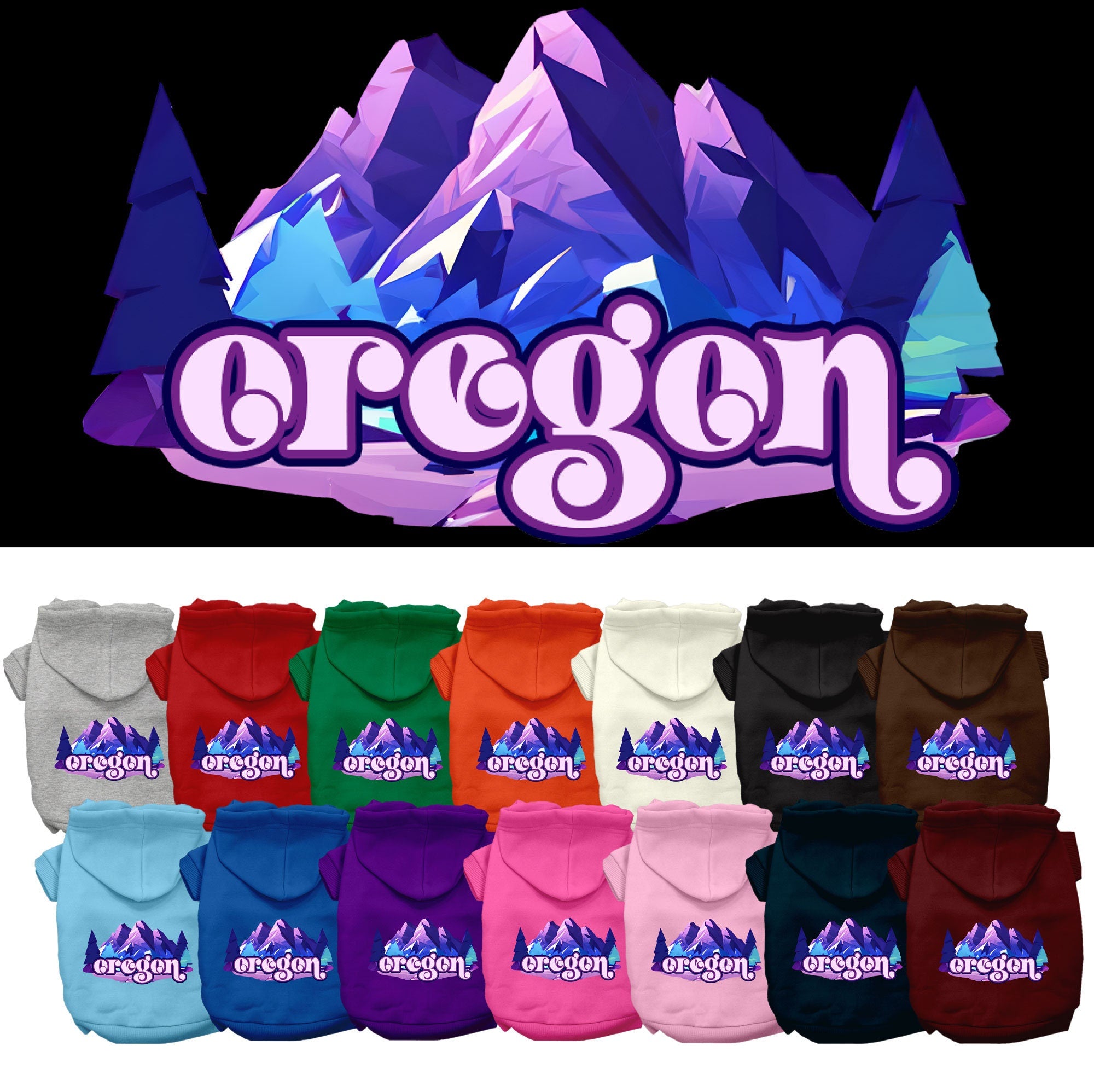 A cozy screen printed hoodie for small to medium pets, featuring the Oregon Alpine Pawscape design, showcasing its soft fabric and durable stitching.
