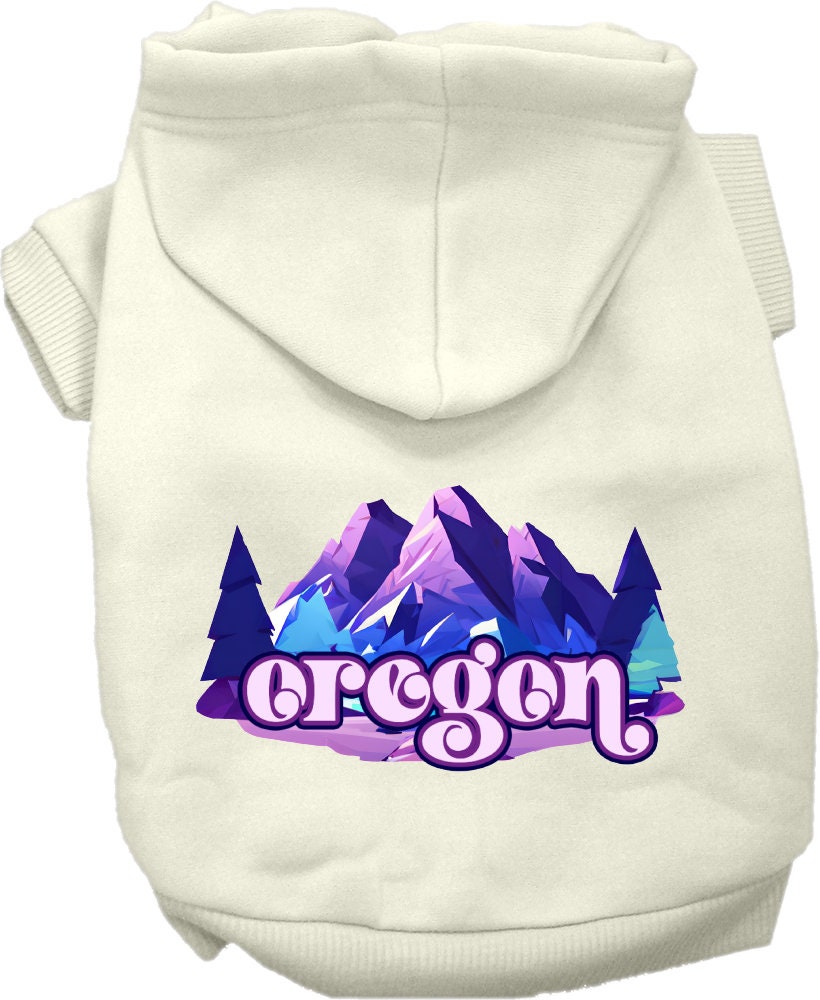 A cozy screen printed hoodie for small to medium pets, featuring the Oregon Alpine Pawscape design, showcasing its soft fabric and durable stitching.