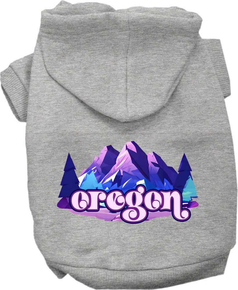 A cozy screen printed hoodie for small to medium pets, featuring the Oregon Alpine Pawscape design, showcasing its soft fabric and durable stitching.