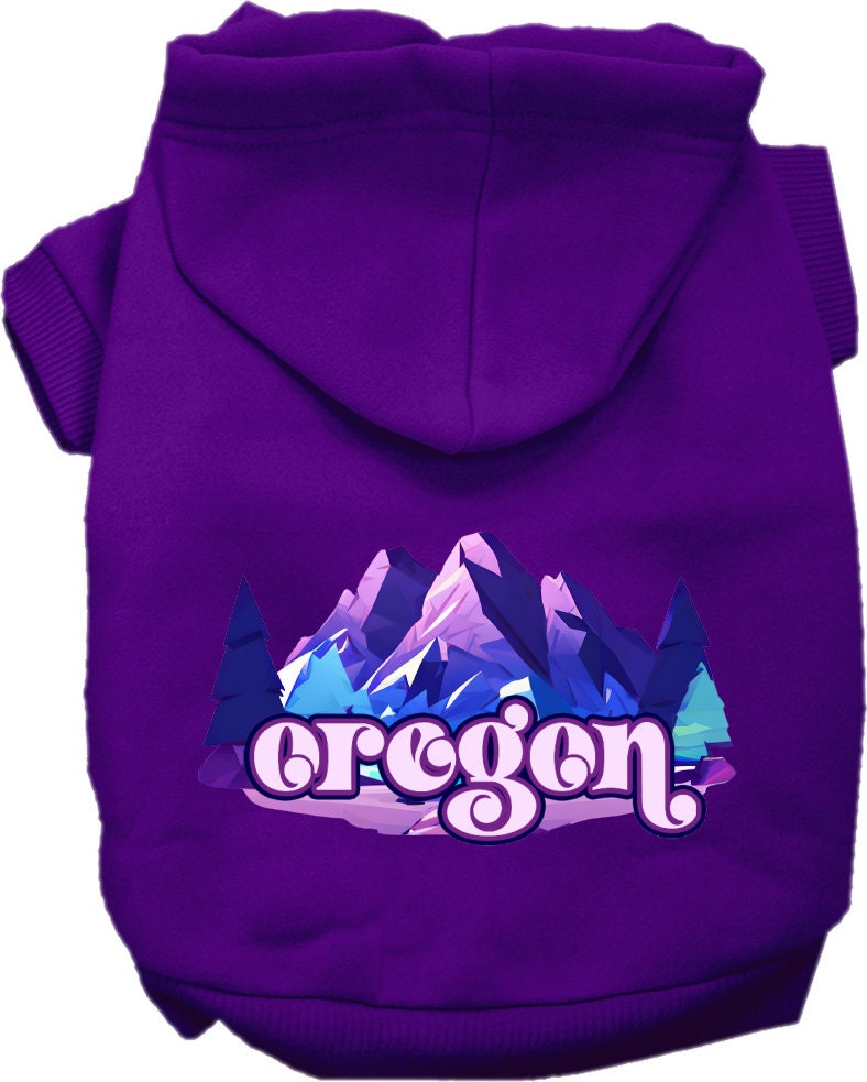 A cozy screen printed hoodie for small to medium pets, featuring the Oregon Alpine Pawscape design, showcasing its soft fabric and durable stitching.