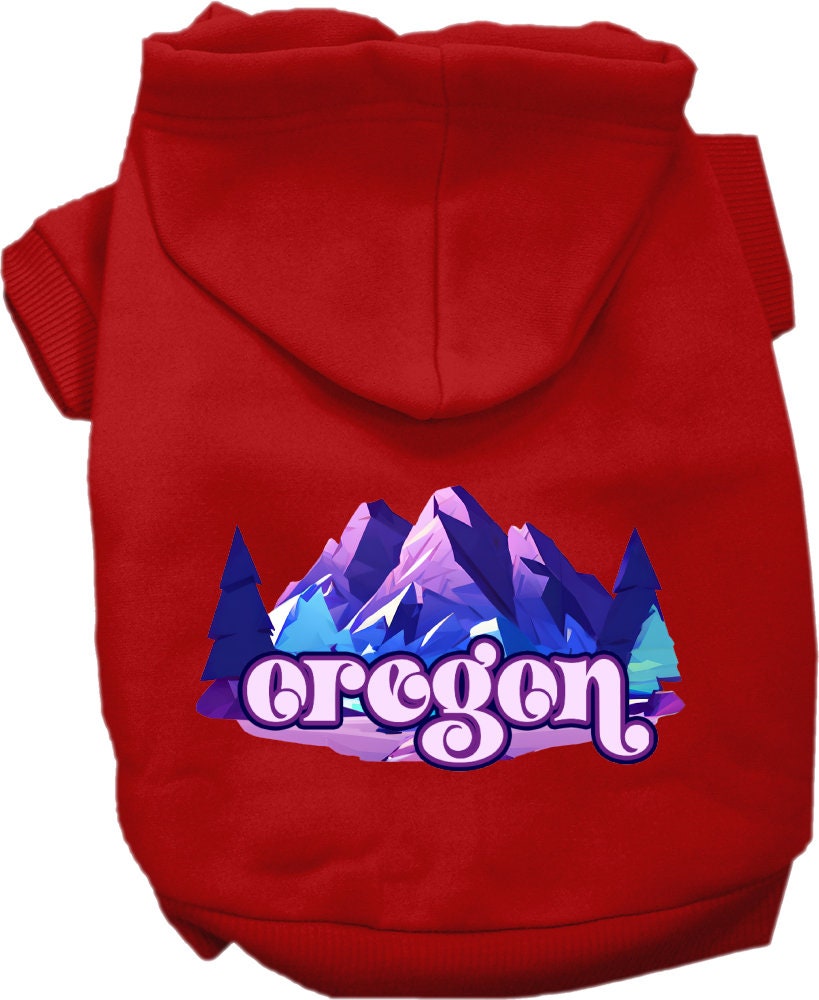 A cozy screen printed hoodie for small to medium pets, featuring the Oregon Alpine Pawscape design, showcasing its soft fabric and durable stitching.