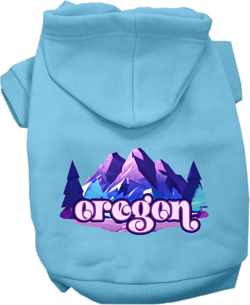 A cozy screen printed hoodie for small to medium pets, featuring the Oregon Alpine Pawscape design, showcasing its soft fabric and durable stitching.