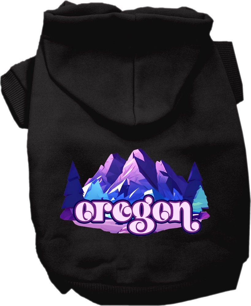 A cozy screen printed hoodie for small to medium pets, featuring the Oregon Alpine Pawscape design, showcasing its soft fabric and durable stitching.
