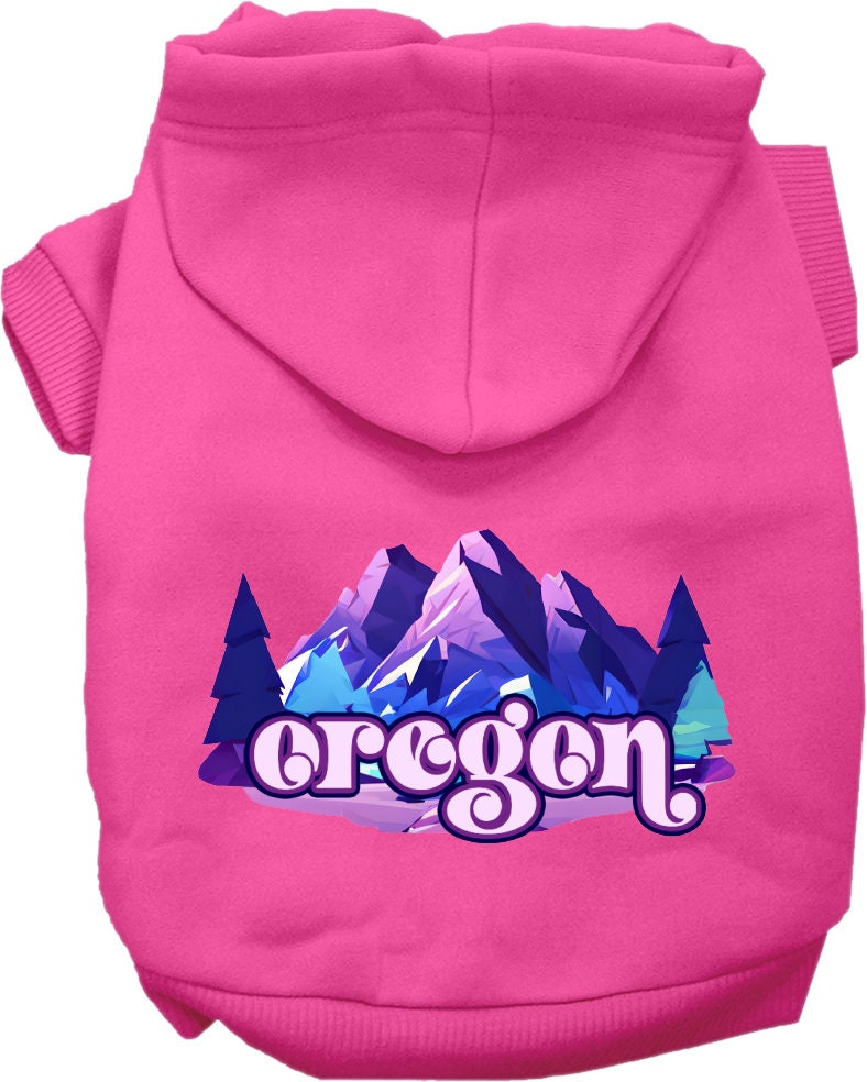A cozy screen printed hoodie for small to medium pets, featuring the Oregon Alpine Pawscape design, showcasing its soft fabric and durable stitching.