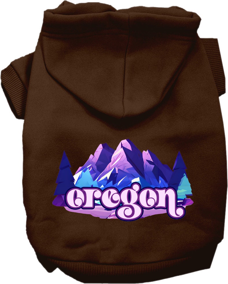 A cozy screen printed hoodie for small to medium pets, featuring the Oregon Alpine Pawscape design, showcasing its soft fabric and durable stitching.