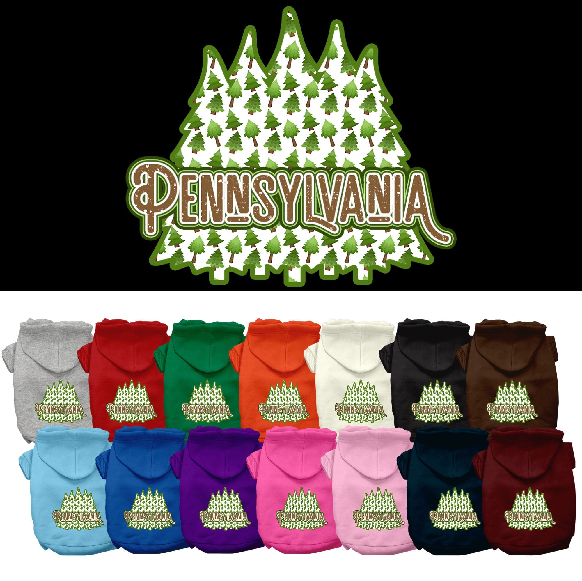 A cozy screen printed hoodie for small to medium pets featuring a Pennsylvania Woodland Trees design, perfect for dogs and cats.