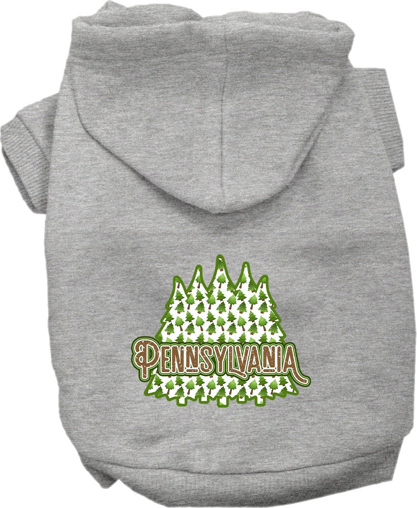 A cozy screen printed hoodie for small to medium pets featuring a Pennsylvania Woodland Trees design, perfect for dogs and cats.