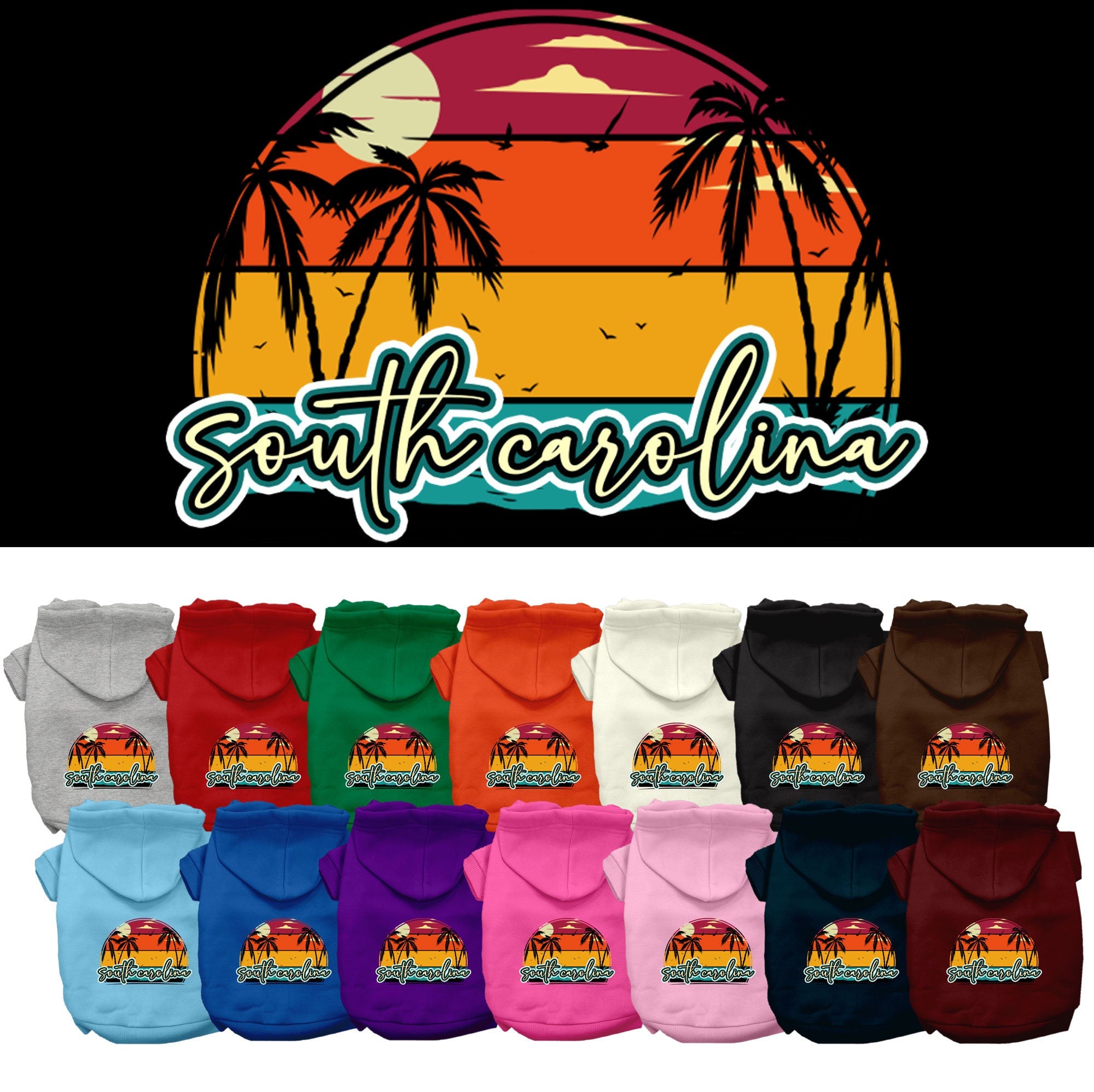 A small to medium pet wearing a soft, stylish hoodie featuring a South Carolina Retro Beach Sunset design, perfect for walks and outdoor activities.