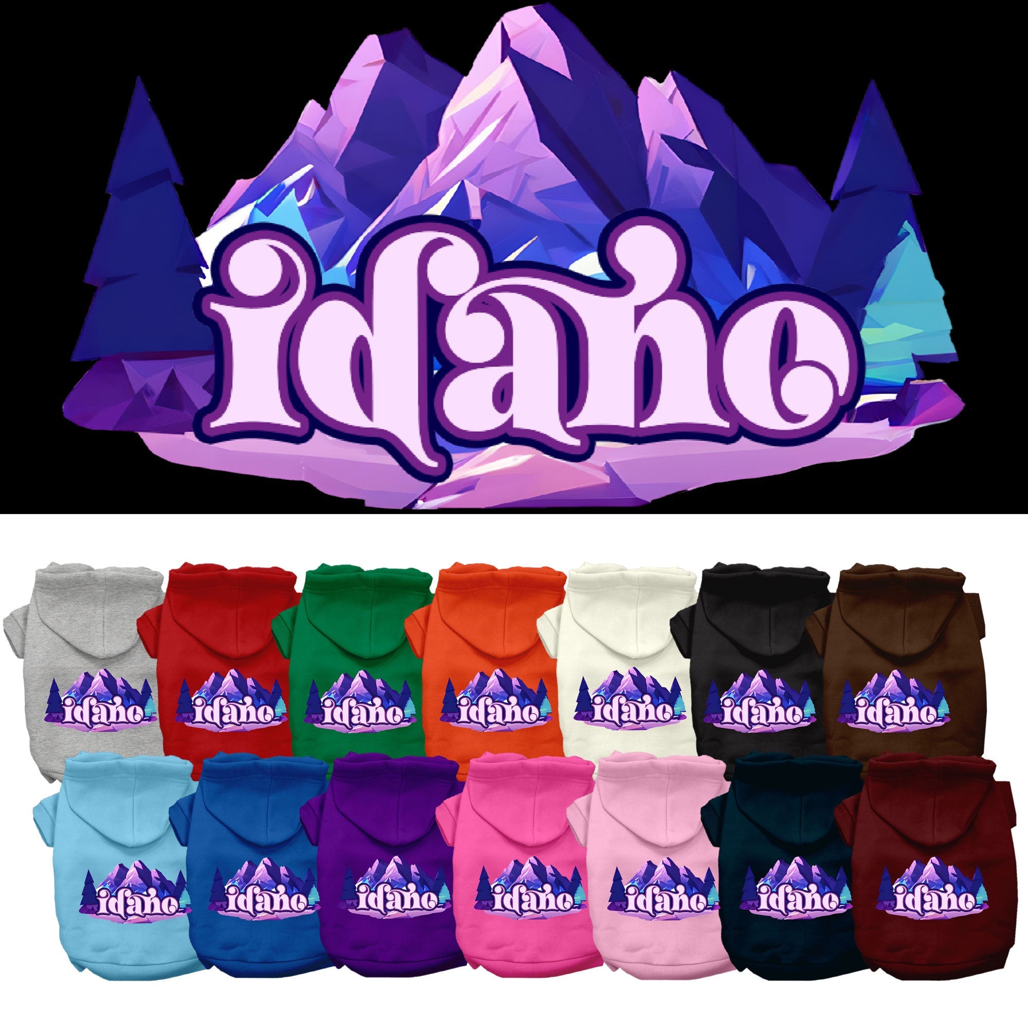 A cozy screen printed hoodie for small to medium pets featuring the Idaho Alpine Pawscape design, showcasing its soft fabric and durable stitching.