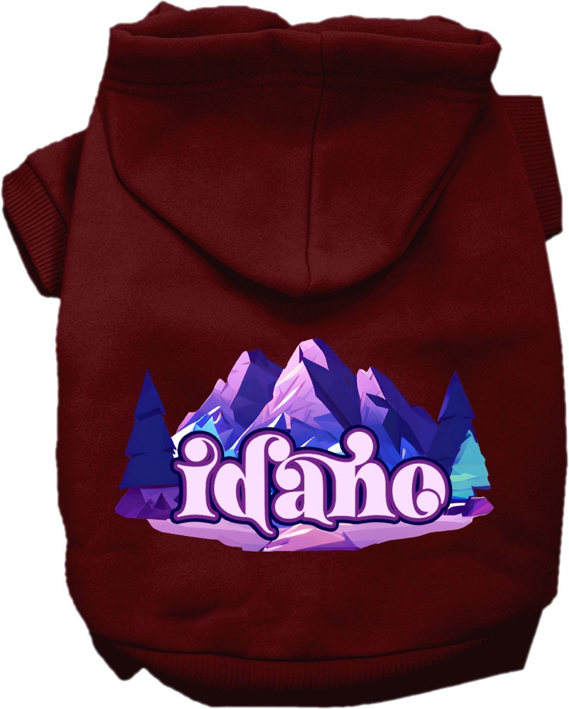 A cozy screen printed hoodie for small to medium pets featuring the Idaho Alpine Pawscape design, showcasing its soft fabric and durable stitching.