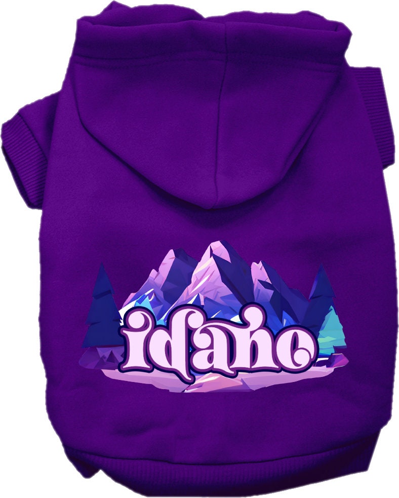 A cozy screen printed hoodie for small to medium pets featuring the Idaho Alpine Pawscape design, showcasing its soft fabric and durable stitching.