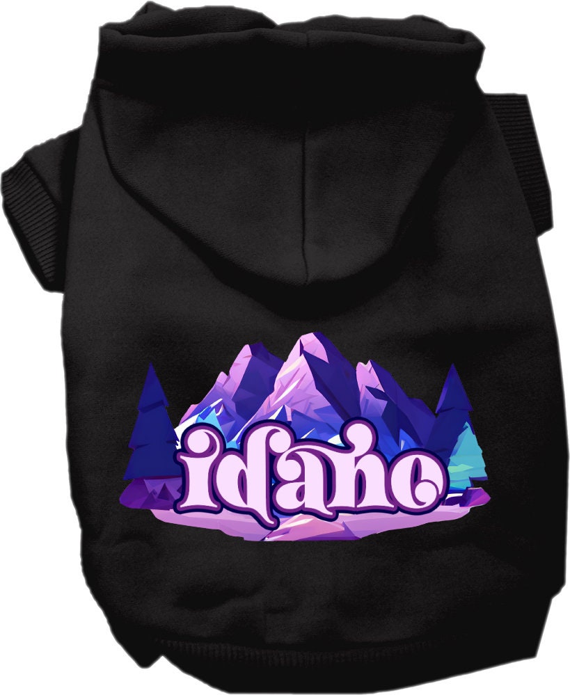 A cozy screen printed hoodie for small to medium pets featuring the Idaho Alpine Pawscape design, showcasing its soft fabric and durable stitching.