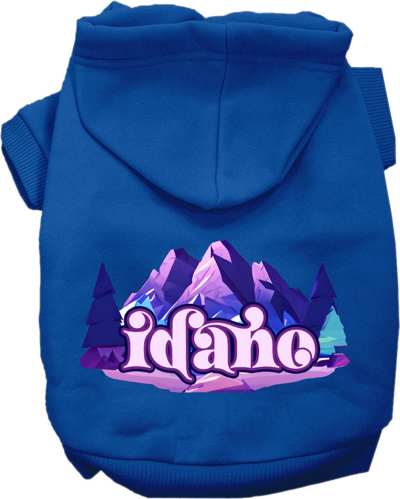 A cozy screen printed hoodie for small to medium pets featuring the Idaho Alpine Pawscape design, showcasing its soft fabric and durable stitching.