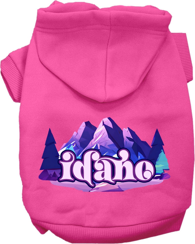 A cozy screen printed hoodie for small to medium pets featuring the Idaho Alpine Pawscape design, showcasing its soft fabric and durable stitching.