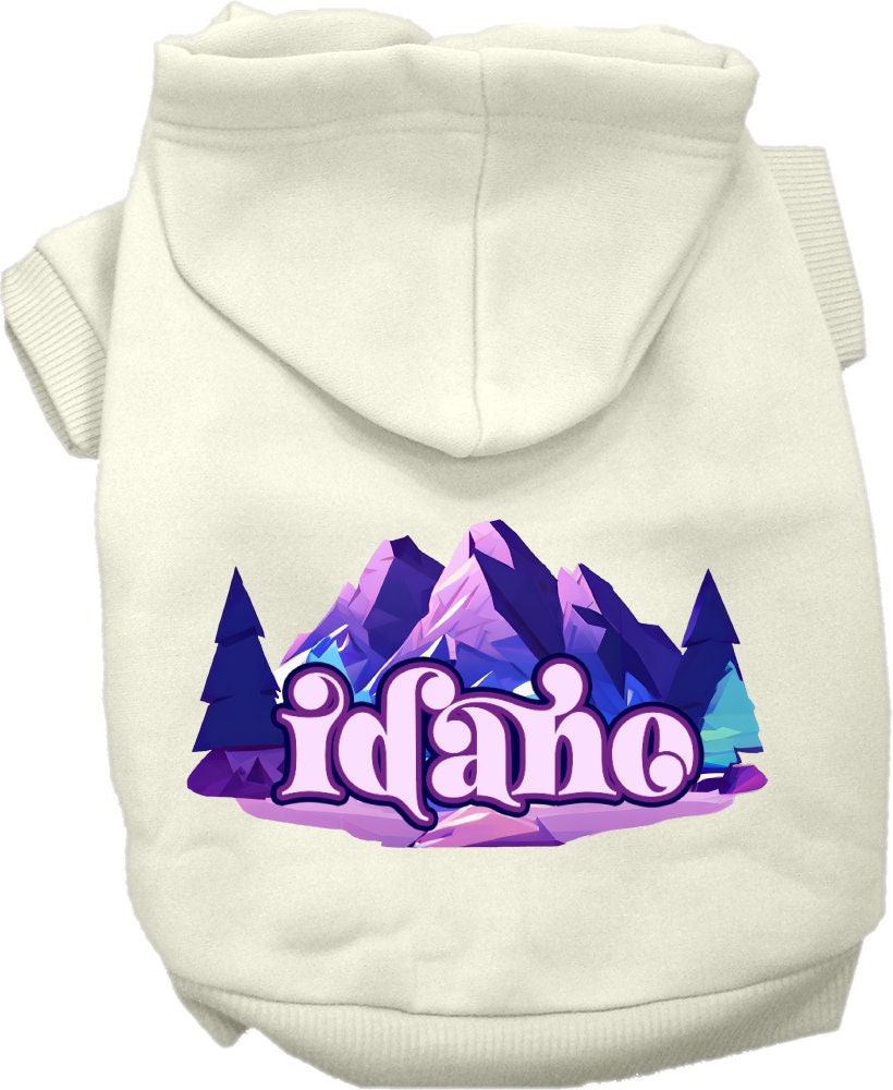 A cozy screen printed hoodie for small to medium pets featuring the Idaho Alpine Pawscape design, showcasing its soft fabric and durable stitching.
