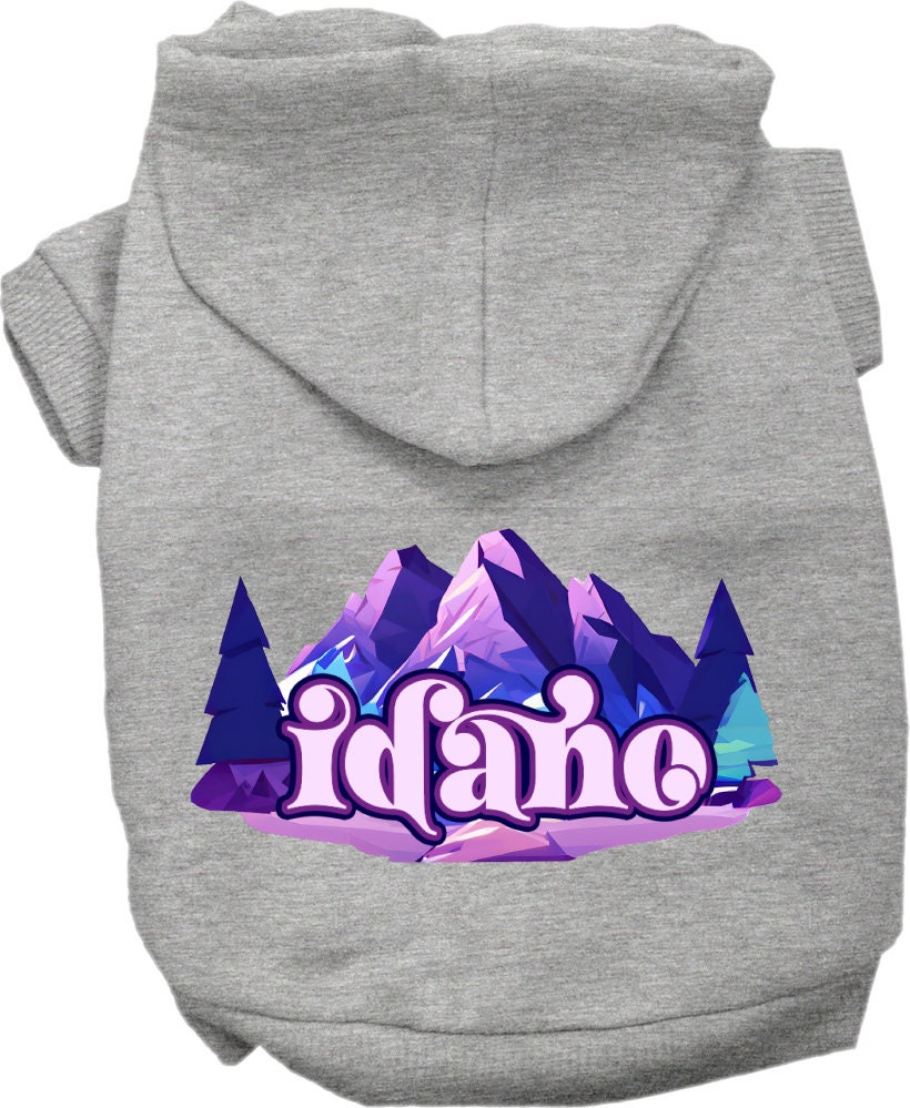 A cozy screen printed hoodie for small to medium pets featuring the Idaho Alpine Pawscape design, showcasing its soft fabric and durable stitching.