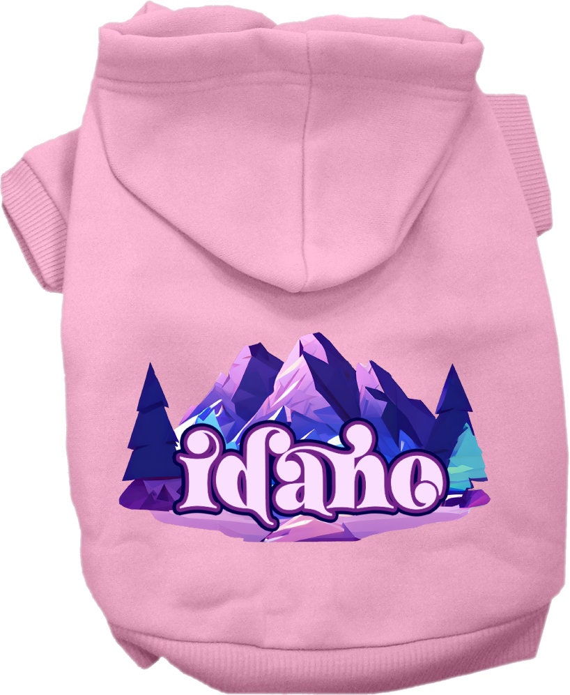 A cozy screen printed hoodie for small to medium pets featuring the Idaho Alpine Pawscape design, showcasing its soft fabric and durable stitching.