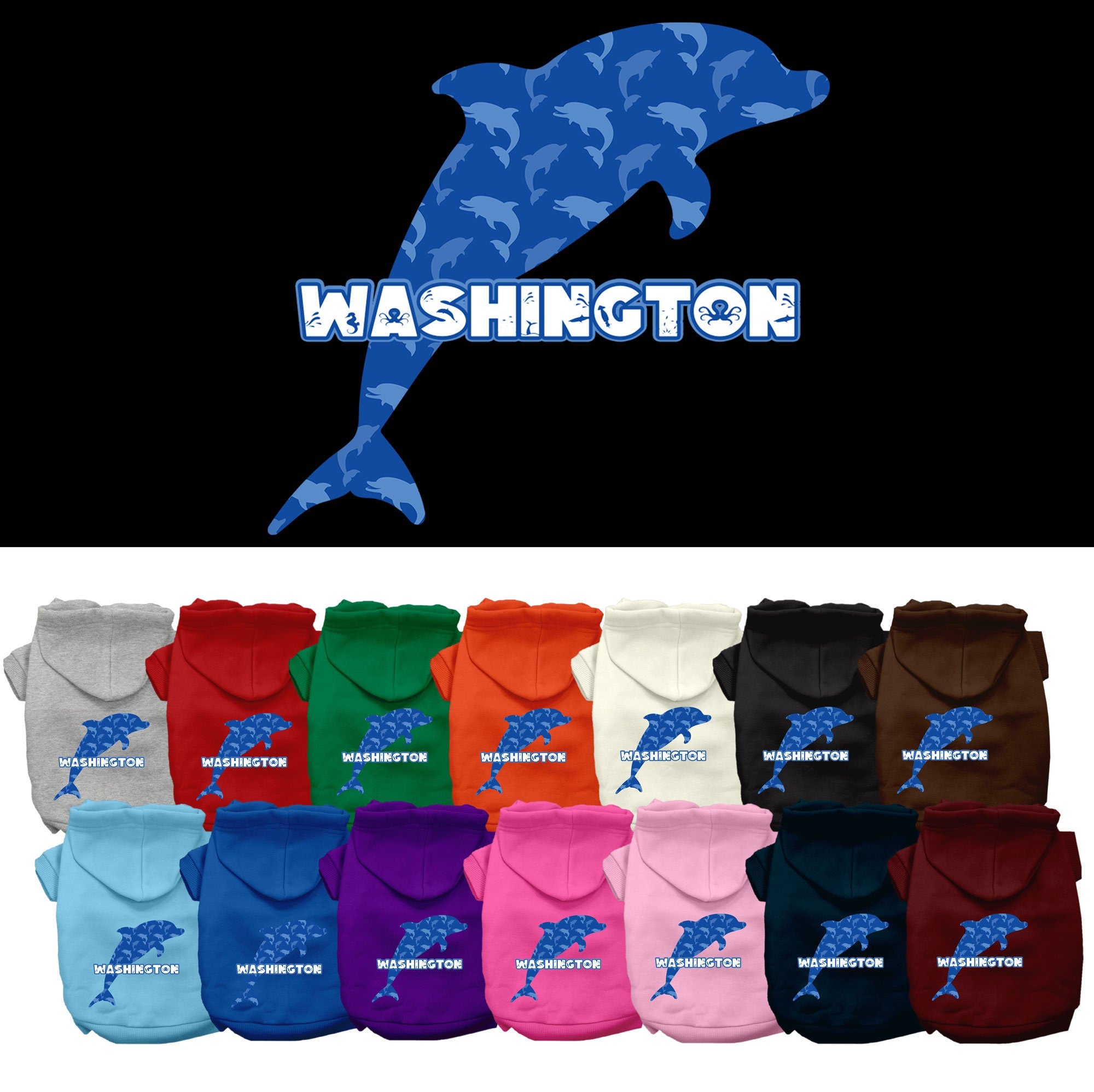 A cozy pet hoodie for small to medium dogs and cats, featuring a vibrant Washington Blue Dolphins print, designed for comfort and style.