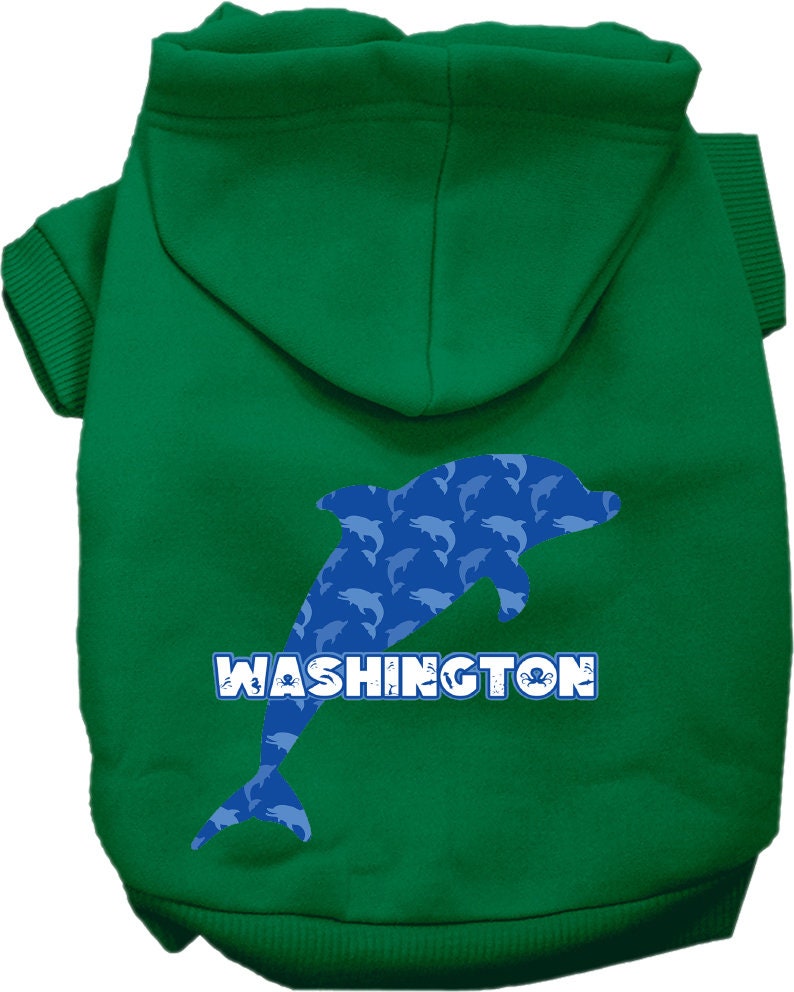 A cozy pet hoodie for small to medium dogs and cats, featuring a vibrant Washington Blue Dolphins print, designed for comfort and style.