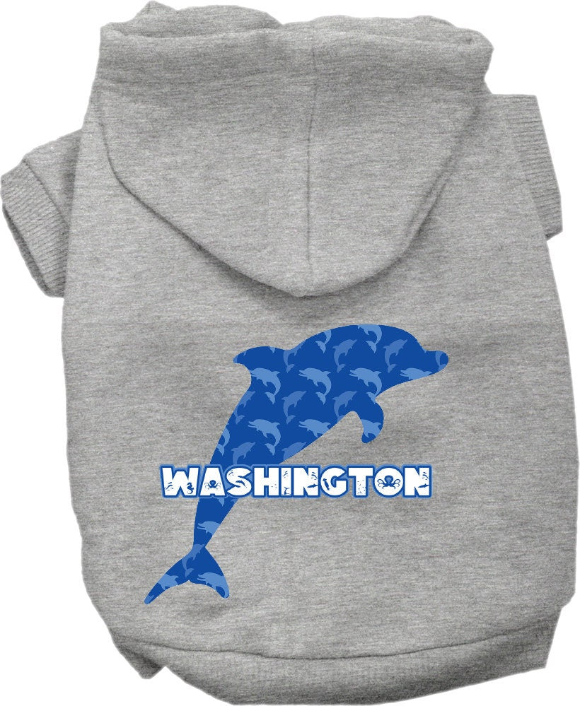 A cozy pet hoodie for small to medium dogs and cats, featuring a vibrant Washington Blue Dolphins print, designed for comfort and style.