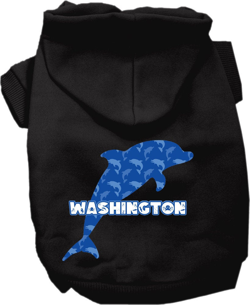 A cozy pet hoodie for small to medium dogs and cats, featuring a vibrant Washington Blue Dolphins print, designed for comfort and style.