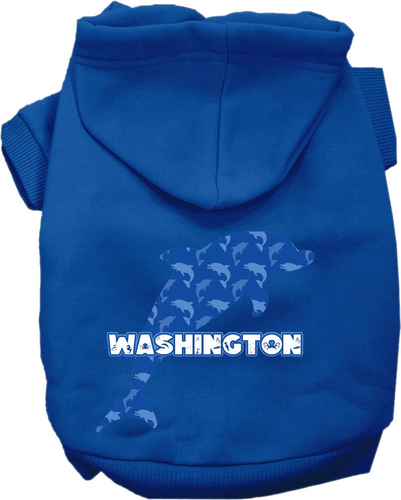 A cozy pet hoodie for small to medium dogs and cats, featuring a vibrant Washington Blue Dolphins print, designed for comfort and style.