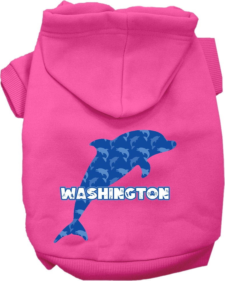A cozy pet hoodie for small to medium dogs and cats, featuring a vibrant Washington Blue Dolphins print, designed for comfort and style.
