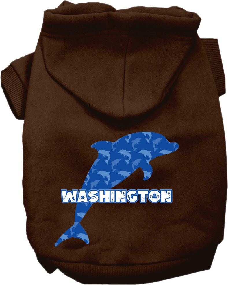 A cozy pet hoodie for small to medium dogs and cats, featuring a vibrant Washington Blue Dolphins print, designed for comfort and style.